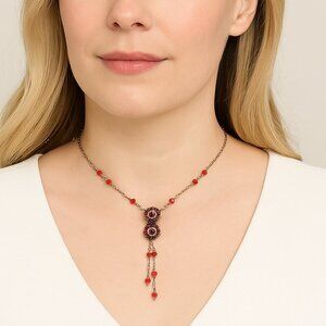 Liz Palacios SF Red Swarovski Crystal Flower Necklace Romantic Signed Vintage